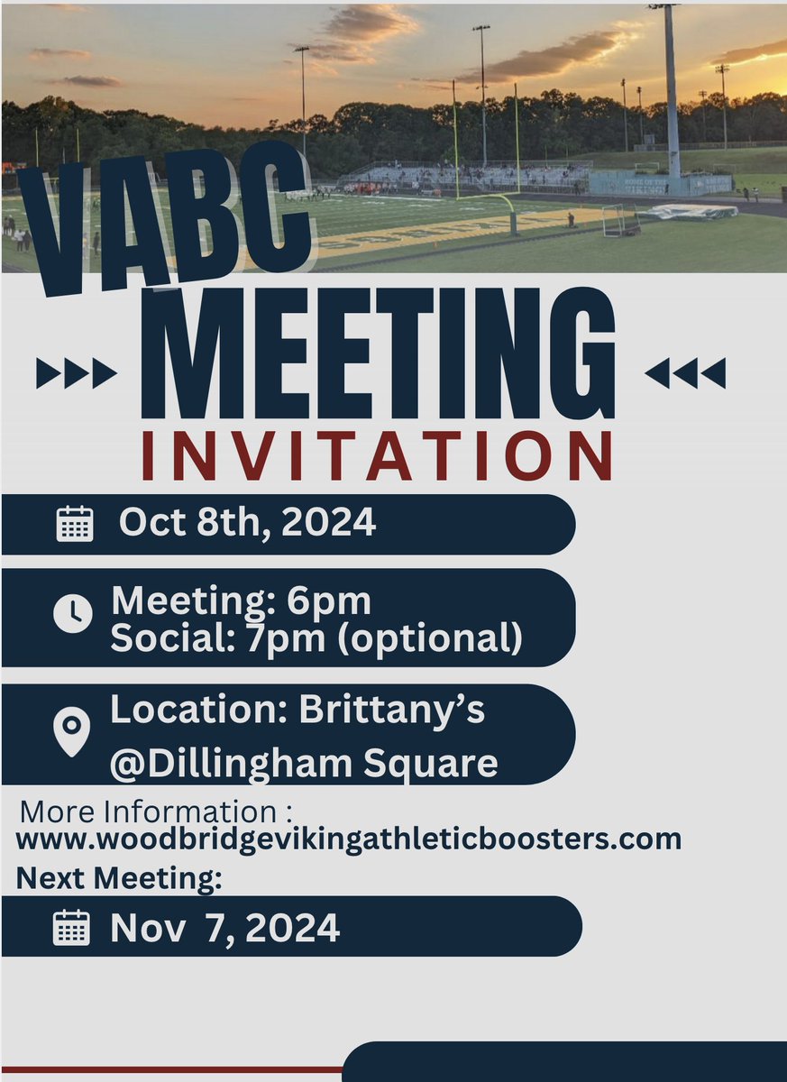 VABC General Monthly Meeting: Oct 8th, 2024, at 6 p.m. Location: Brittany's Private Banquet Room. If you are looking for ways to get involved, we need more parent support. We have open board positions.
Looking forward to seeing you at the meeting! Many Hands Make Light Work!