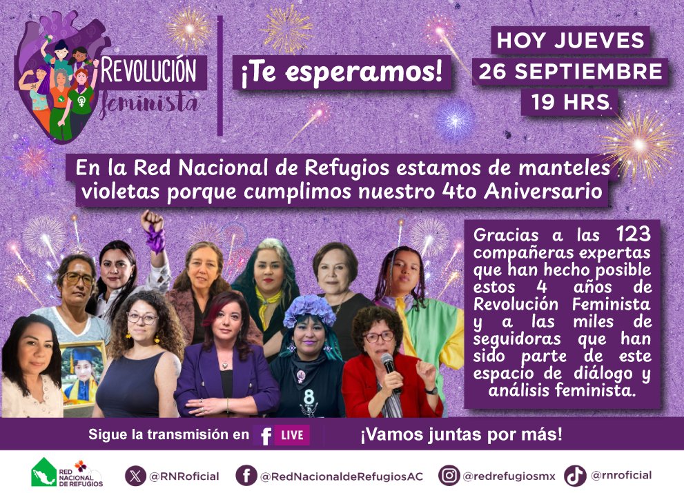 🎉¡Es HOY la celebración del 4to aniversario de #RevoluciónFeminista💜✊🏼 de la #RNR!🎆

✨Tú eres parte importante de esta celebración violeta y diamantina junto con más de cien feministas que nos compartieron sus saberes y sentires 🫂💜

🟣Acompáñanos a las 19 hrs por FB Live 👇🏼