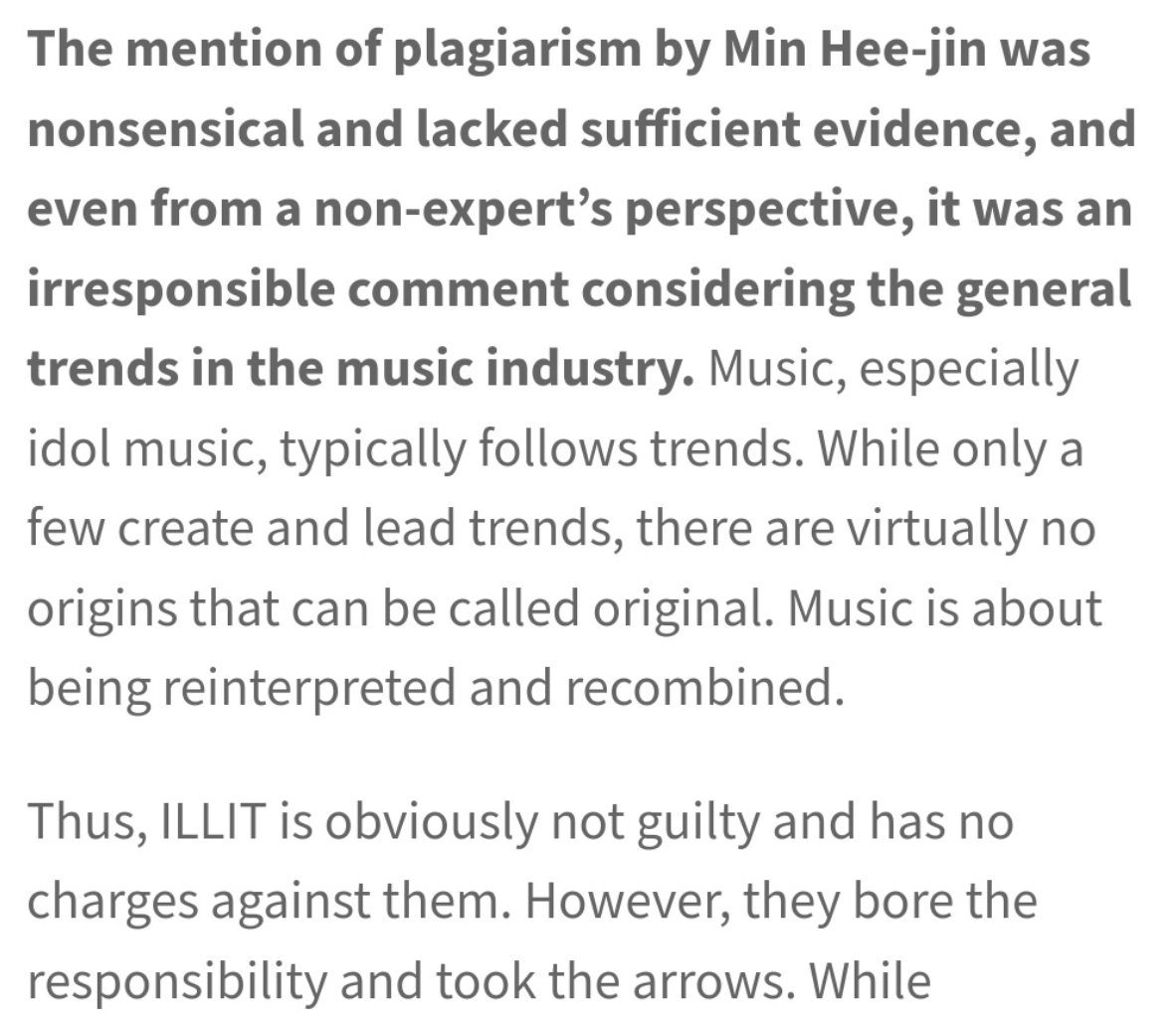 o_biennis's tweet photo. I know that the newjeans fans like to tell you that everyone in Korea supports MHJ but that's very false. IZE mag, one of the most well known music outlets, said yesterday that MHJ's claims of plagiarism against ILLIT were nonsensical and lacked evidence

https://t.co/zafY1N1ACf https://t.co/KSQ9LTEvuT