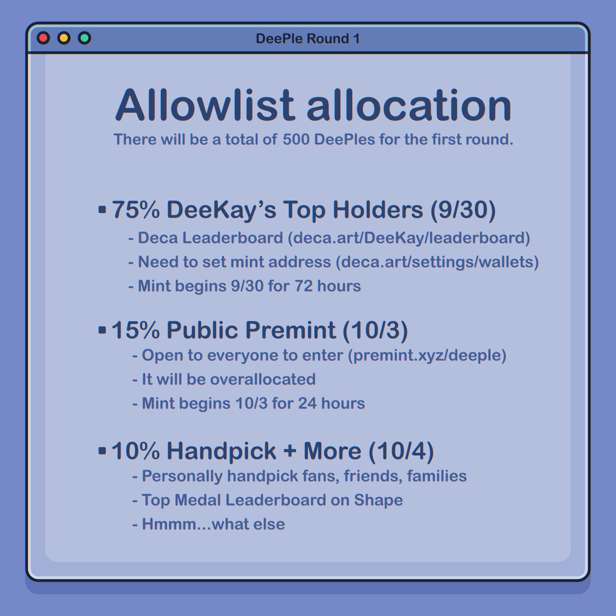 Let's DeePle!
Round 1 drop info:
1.
