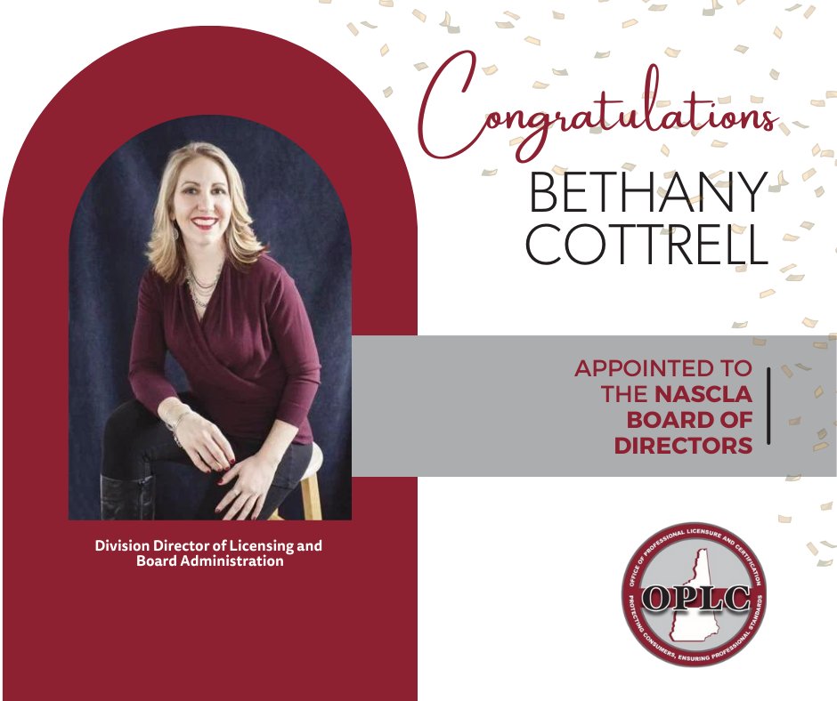Congratulations to Bethany ! 
We are thrilled to announce that Bethany Cottrell, Division Director of Licensing and Board Administration at OPLC, has been appointed to the NASCLA Board of Directors as an Association Officer!
#NASCLA #Leadership #BoardOfDirectors #OPLC