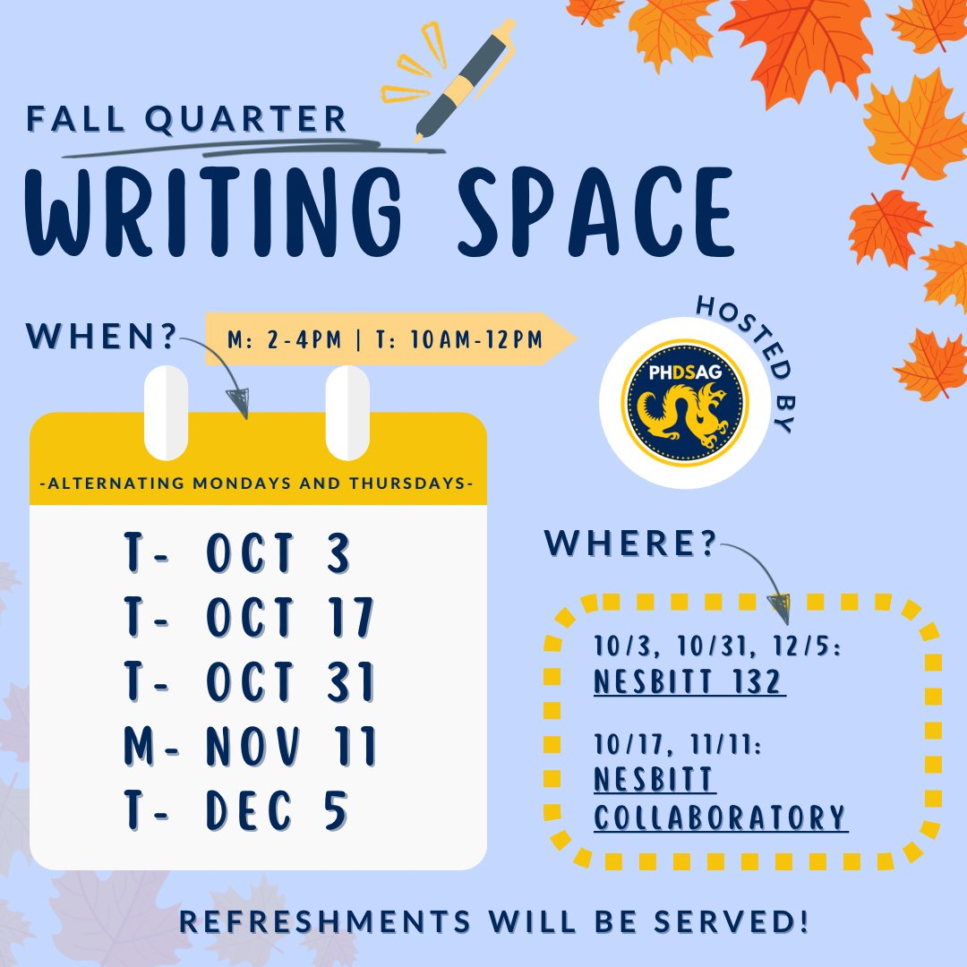 phdsag's tweet image. Join us for this quarter's #WritingSpace ! Alternating Mondays &amp;amp; Thursdays details ⬇️