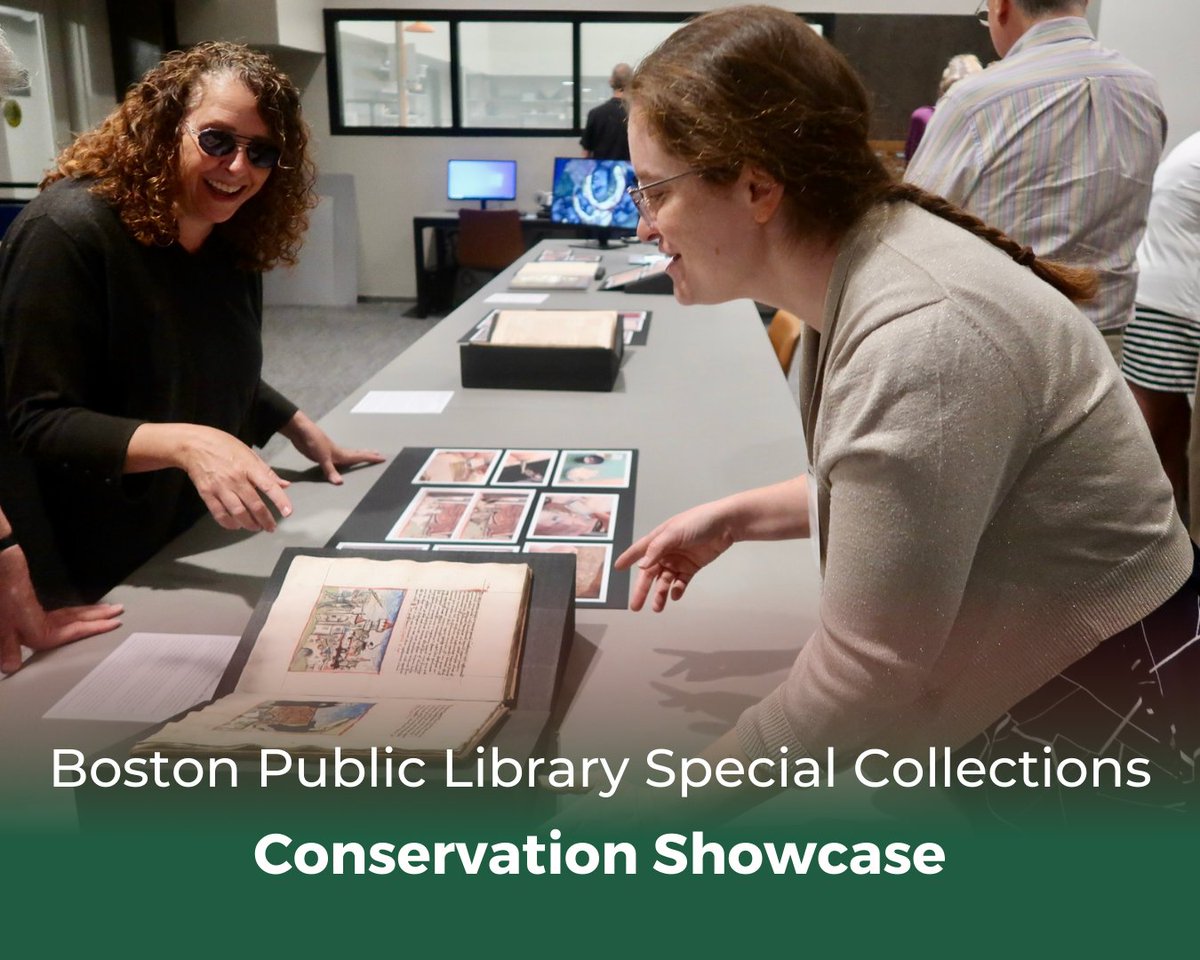 AssociatesBPL's tweet photo. The @bplboston's Special Collections hosted a fantastic Conservation Showcase last month. Associates-Funded Conservation Officer, Mary French, and Conservation Intern, Annie Ujifusa, were on hand answering questions about the fascinating conservation work they’ve performed. 📖 https://t.co/8PHTs3Ae9k