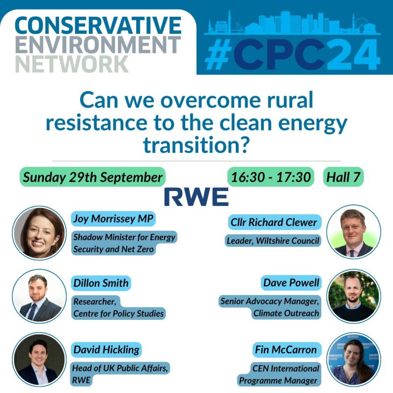 Can we overcome rural resistance to the clean energy transition?  

Excited to be sending our Senior Advocacy Manager <a href="/powellds/">Dave Powell</a> to Birmingham on Sunday to answer that question.

If you're at the <a href="/Conservatives/">Conservatives</a> party don't miss this great event from the <a href="/CEN_HQ/">Conservative Environment Network</a>, more info here: