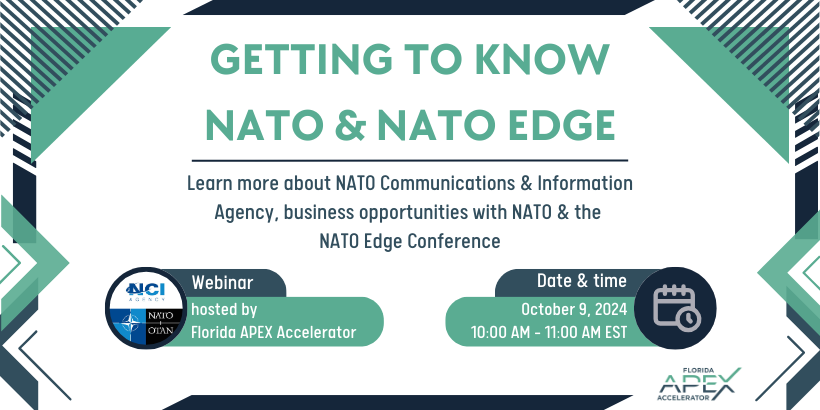 Join us for a webinar hosted by the Florida Apex Accelerator! This virtual event will provide you with an introduction to the NATO Communications and Information Agency, their portfolio of projects, &amp; business opportunities.
Learn more: lnkd.in/ecPKsMHa