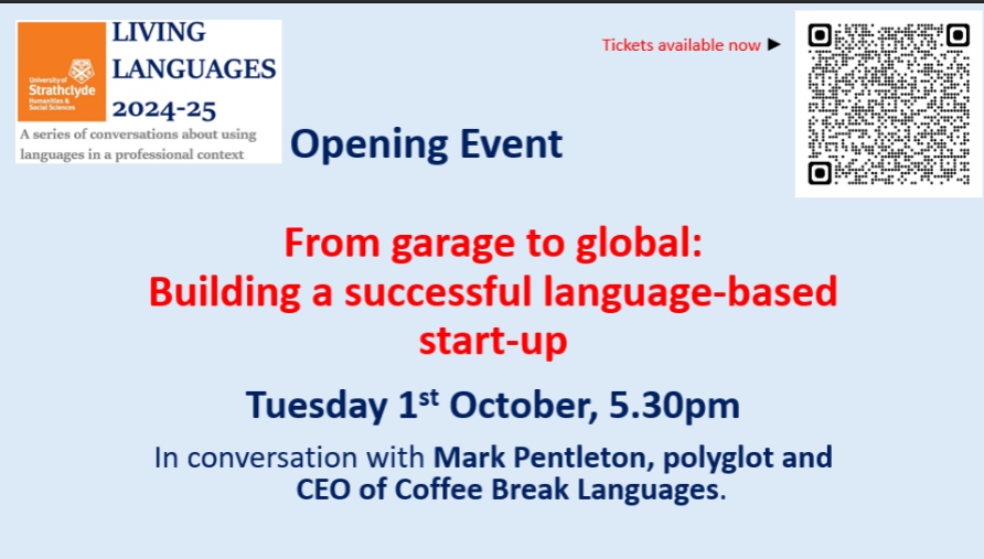 electricrakel's tweet photo. How far can languages take you in your professional career? Hear it from the experts themselves! The first speaker at @StrathHaSS' Living Languages series is Mark Pentleton, polyglot and creator of the brilliant Coffee Break series @coffeebreakLANG https://t.co/a5uJTEOTpt