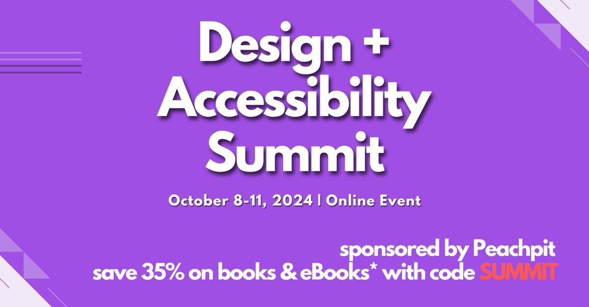 Peachpit (@peachpit) on Twitter photo Celebrate the Design + Accessibility Summit with 35% off books, eBooks, & Web Editions @peachpit. Don't miss your chance to save ! ⏳➡️
peachpit.com/accessibility #InclusiveDesign #Accessibility #SaveBig #Learning <a href="/CreativePro_com/">CreativePro Network</a> Celebrate the Design + Accessibility Summit with 35% off books, eBooks, & Web Editions @peachpit. Don't miss your chance to save ! ⏳➡️
peachpit.com/accessibility #InclusiveDesign #Accessibility #SaveBig #Learning <a href="/CreativePro_com/">CreativePro Network</a>
