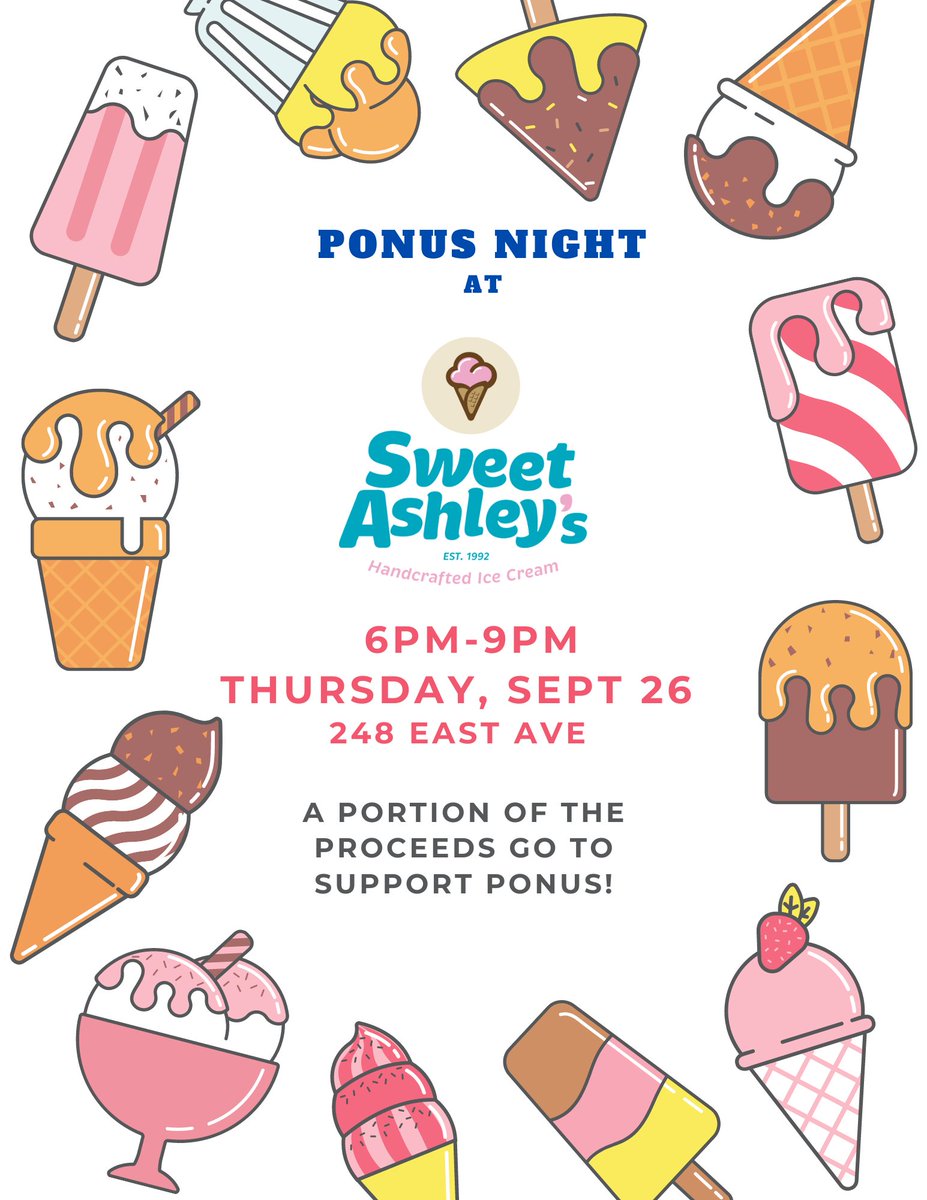 Greetings Ponus Ridge Community, 
This is just a reminder that there is a PTO Fundraiser 
THIS EVENING - Sept. 26th at Sweet Ashley's from 6-9pm.