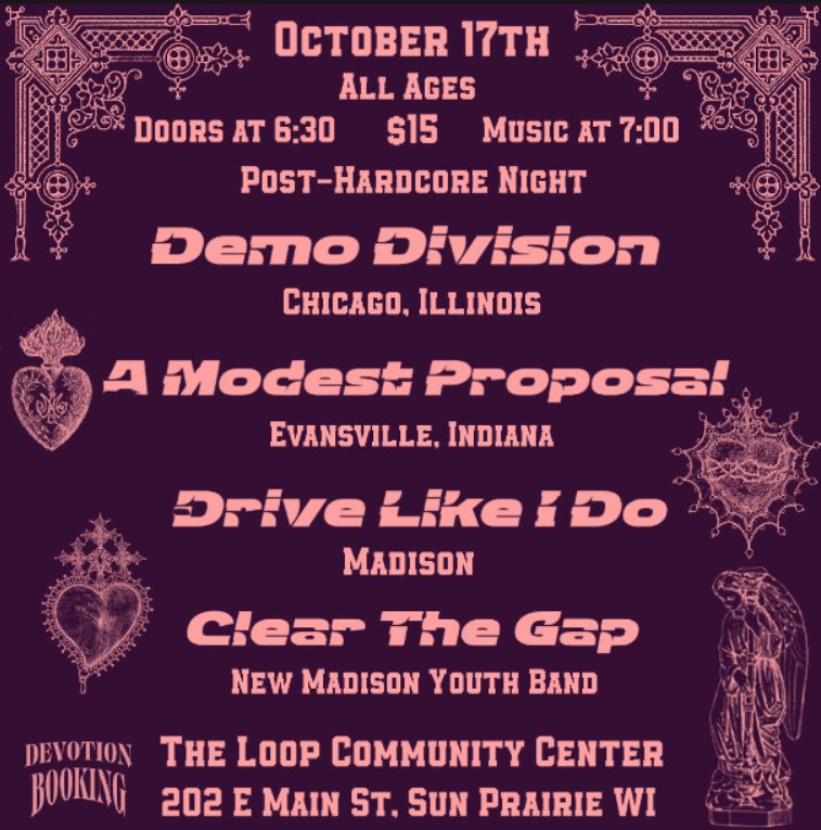 devotionbooking's tweet image. This one’s for the post hardcore fans

Stoked to have @demodivisionchi and @AModestPropBand from out of state!

Show up early for local acts Drive Like I Do and new band Clear The Gap