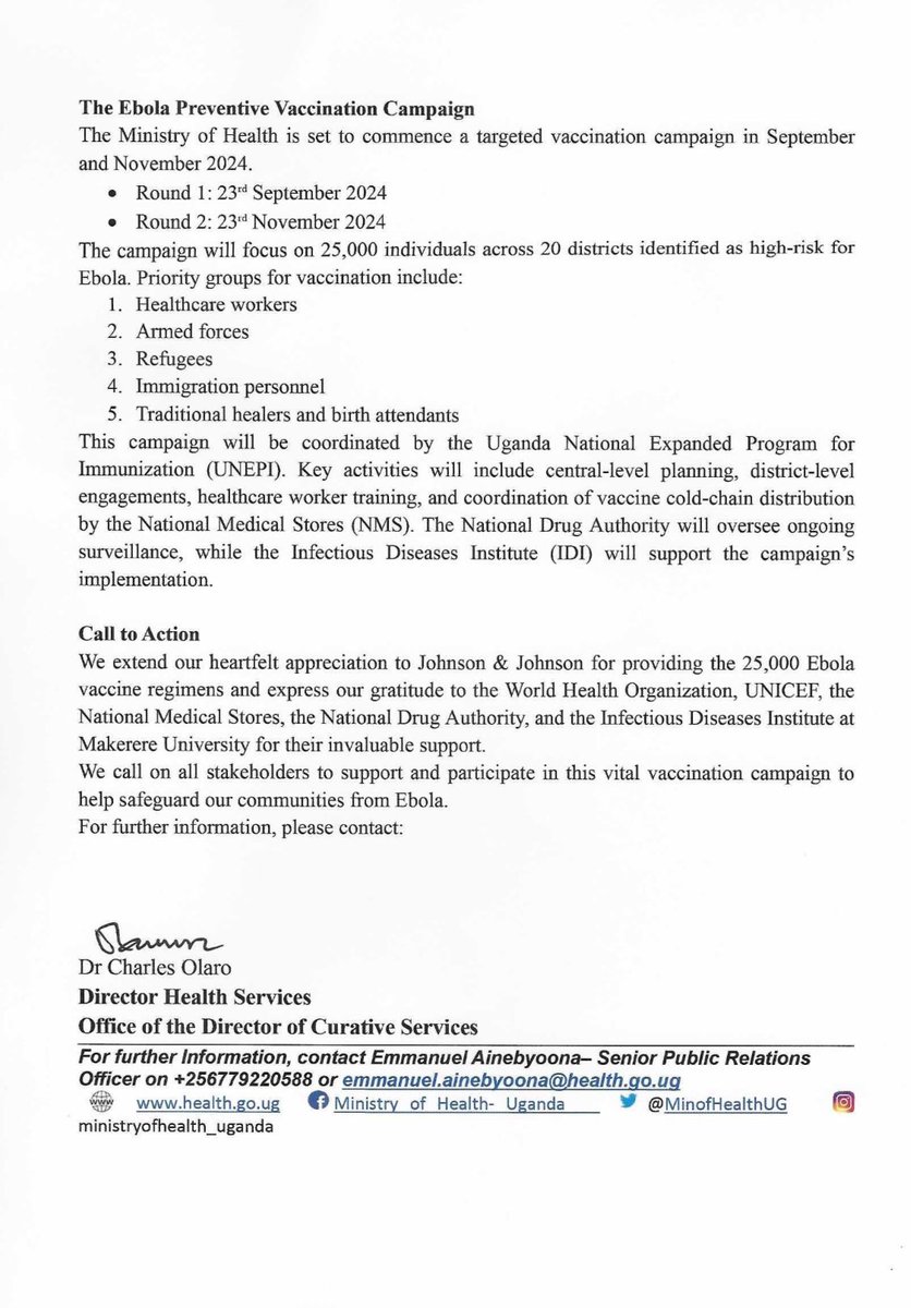MinofHealthUG's tweet photo. PRESS RELEASE: Ministry of Health to conduct Ebola Preventive Vaccination https://t.co/K58NqC5dya