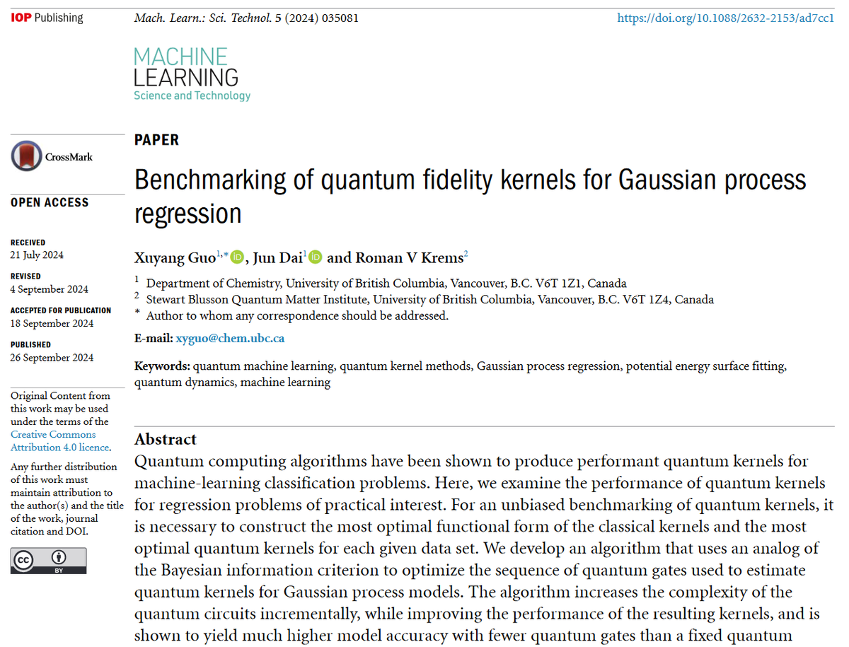 MLSTjournal's tweet photo. Great new work by Xuyang Guo1, Jun Dai and Roman Krems @UBCChem @SBQMI_UBC @UBC - 'Benchmarking of #quantum fidelity kernels for #Gaussian process regression' - https://t.co/OpNRf7ukDh #machinelearning #compchem #quantumcomputing #algorithms #QML #quantumkernels #AI https://t.co/NFtFEhiAuG