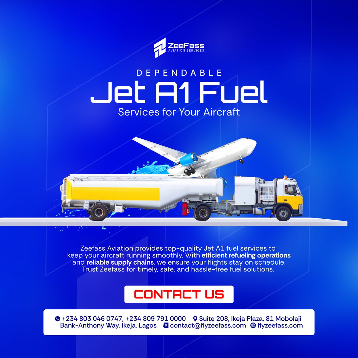flyzeefass's tweet photo. For reliable Jet A1 fuel services, Zeefass Aviation delivers timely and efficient fueling for your aircraft. ⛽️ 

Follow us @flyzeefass

#JetA1Fuel #AviationFuel #ZeefassAviation #flyzeefass https://t.co/4E6xzBy9oB