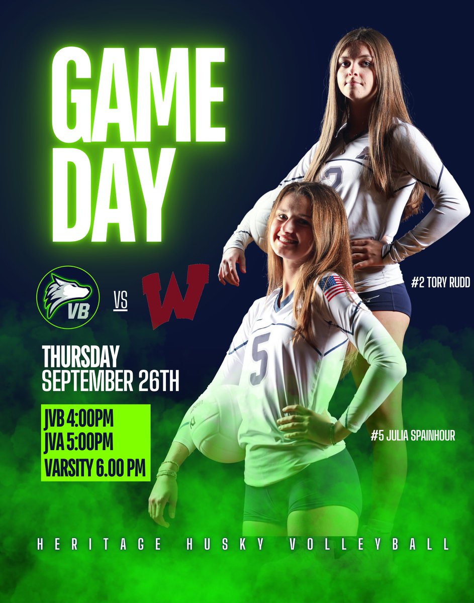 GAMEDAY #HeritageVB will head over to <a href="/WakeVolley/">Wakefield Volleyball</a>  today to compete in a JVB/JVA/Varsity triple header match-up to start the second have of NAC-VI conference play. #HuskiesUp 

📅 September 26, 2024 
 📍  Wakefield High School
📷 JVB 4:00/JVA 5:00pm/Varsity 6:00pm