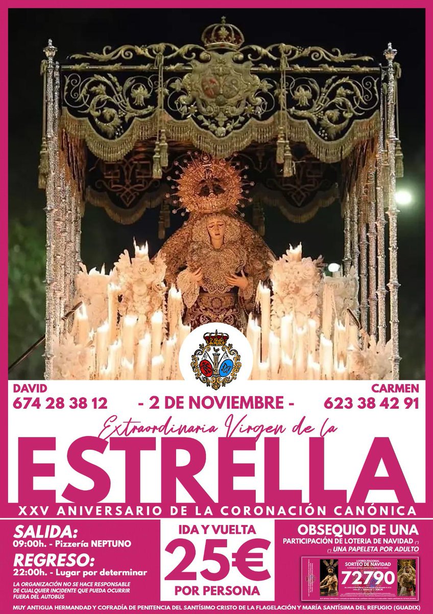 ¿Te gustaría viajar a Sevilla para disfrutar de la Salida Extraordinaria de María Santísima de la Estrella?

¡Vente con la Hermandad de Flagelación y Refugio a pasar el día en Sevilla!

📆 2 de Noviembre.

⏰ 09:00h.

📍Salida desde Pizzería Neptuno.

#SiempreFlagelacionyRefugio