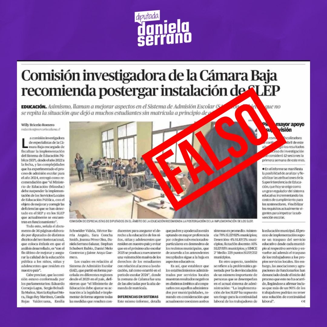 La información que entrega El Mercurio de Calama es errónea. Lo que ellos muestran en su titular como aprobado en realidad fue rechazado en la votación del 3 de septiembre.
Lo mismo con lo referido al Sistema de admisión escolar y al supuesto riesgo para los trabajadores.