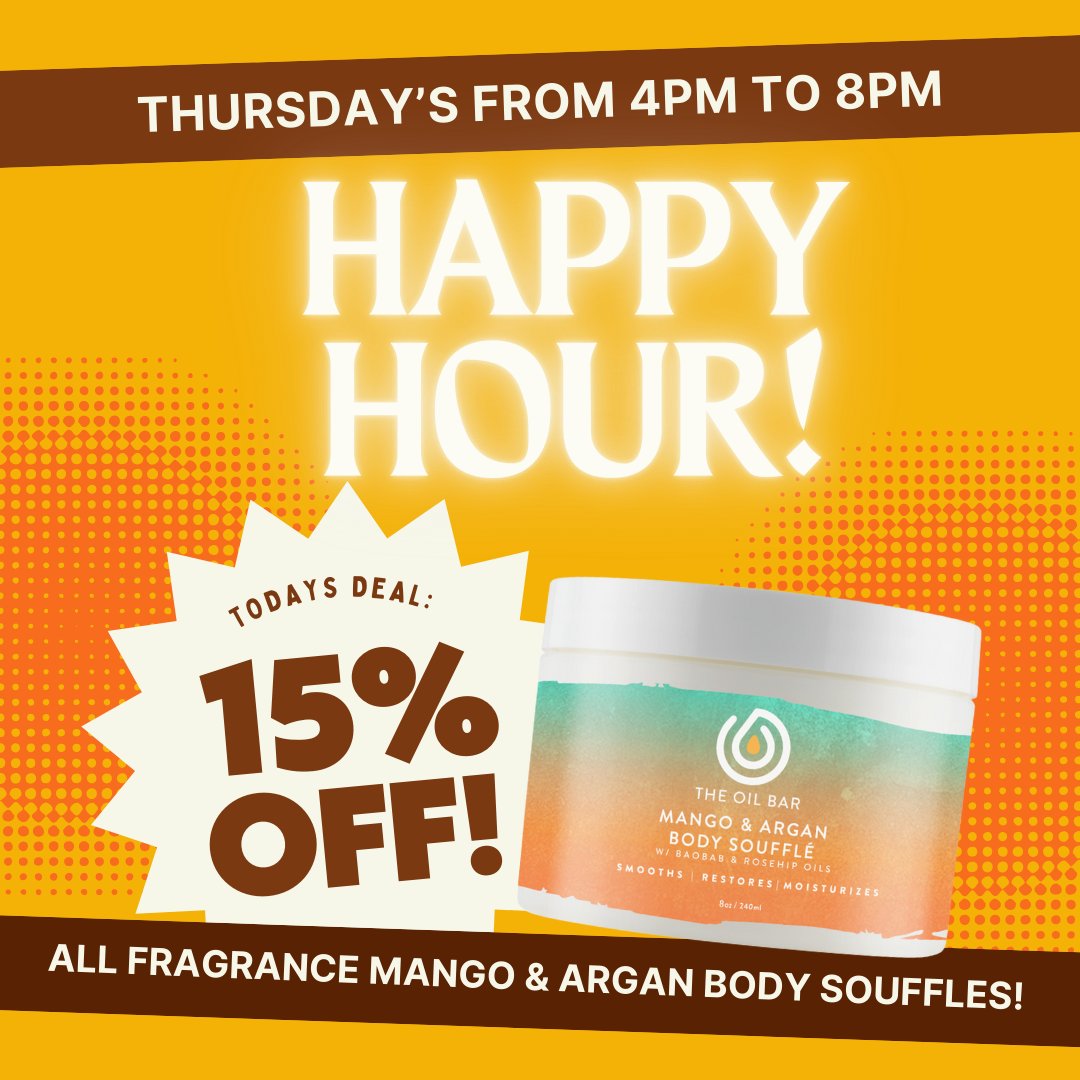 Happy Hour just got sweeter! Treat yourself to our Mango &amp; Argan Body Soufflé and get 15% off—your skin will thank you! 💛

Offer ends today at 8pm. Use promo code MANGOBUTTER15 at checkout. 

#Theoilbar #HappyHour #Sale #Flashsale #Mangobutter #Skincare #Promo