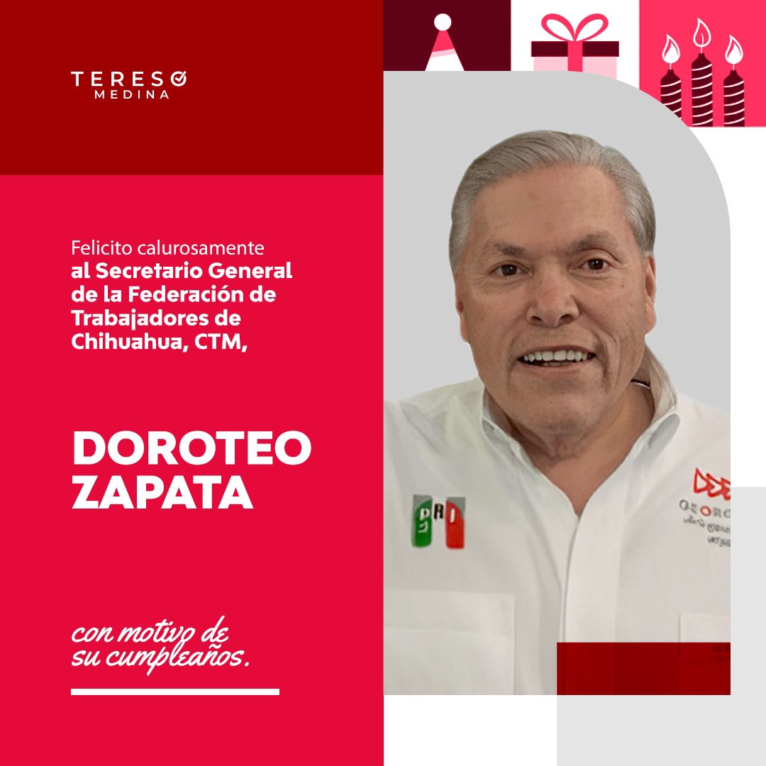 Mando una felicitación de cumpleaños a Doroteo Zapata, Secretario General de la Federación de Trabajadores de Chihuahua, CTM. Te deseo un gran día en compañía de tus seres queridos y éxito futuro. ¡Felicidades!