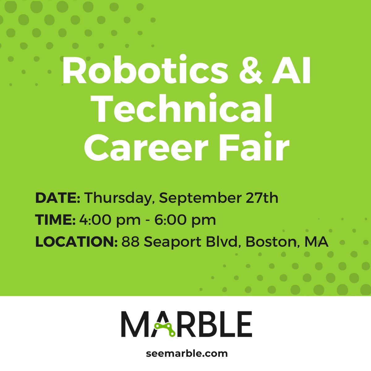 SeeMarbleTech's tweet image. Interested in learning more about how Marble solves real challenges in the food industry with AI-powered automation? Stop by the Robotics &amp;amp; AI Technical Career Fair tomorrow, 9/27, from 4-6 pm in Boston, MA and chat with Marble CV and software engineers.

massrobotics.org/event/robotics…