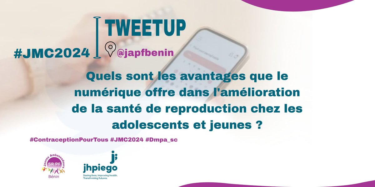#JMC

Quels sont les avantages que le numérique offre dans l'amélioration de la santé de reproduction chez les adolescents et jeunes ?

#Dmpa_sc #ContraceptionPourTous