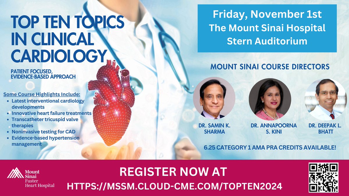 Dr. Deepak L. Bhatt (@dlbhattmd) on Twitter photo Please join us for the <a href="/MountSinaiHeart/">Mount Sinai Fuster Heart Hospital</a> Top Ten Topics in Clinical Cardiology #CME course on Friday, November 1, 2024, in #NYC. We have a great lineup of faculty! Link to Register: mssm.cloud-cme.com/course/courseo… <a href="/DrDavidReich/">David L. Reich, MD</a> <a href="/MountSinaiNYC/">Mount Sinai Health System</a> <a href="/IcahnMountSinai/">Icahn School of Medicine at Mount Sinai</a> <a href="/gabrielsteg/">Ph.Gabriel Steg</a> <a href="/MarcBonaca/">Marc Bonaca MD MPH</a> Please join us for the <a href="/MountSinaiHeart/">Mount Sinai Fuster Heart Hospital</a> Top Ten Topics in Clinical Cardiology #CME course on Friday, November 1, 2024, in #NYC. We have a great lineup of faculty! Link to Register: mssm.cloud-cme.com/course/courseo… <a href="/DrDavidReich/">David L. Reich, MD</a> <a href="/MountSinaiNYC/">Mount Sinai Health System</a> <a href="/IcahnMountSinai/">Icahn School of Medicine at Mount Sinai</a> <a href="/gabrielsteg/">Ph.Gabriel Steg</a> <a href="/MarcBonaca/">Marc Bonaca MD MPH</a>