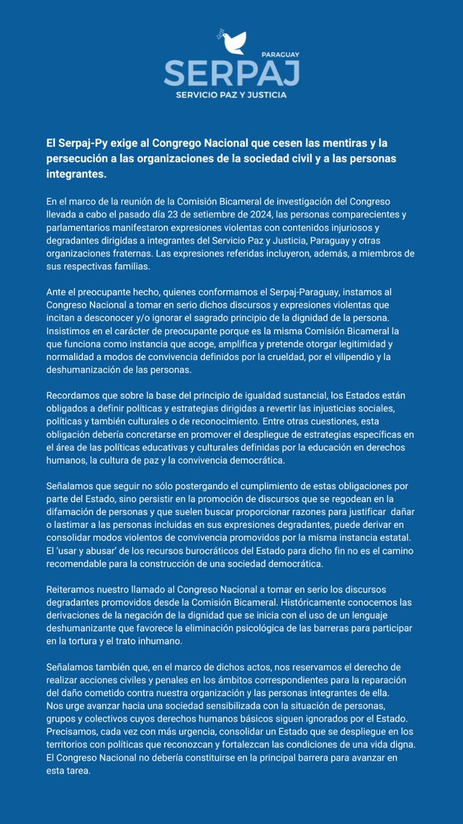 serpaj_py's tweet image. El Serpaj-Py exige al Congrego Nacional que cesen las mentiras y la persecución a las organizaciones de la sociedad civil y a las personas integrantes.