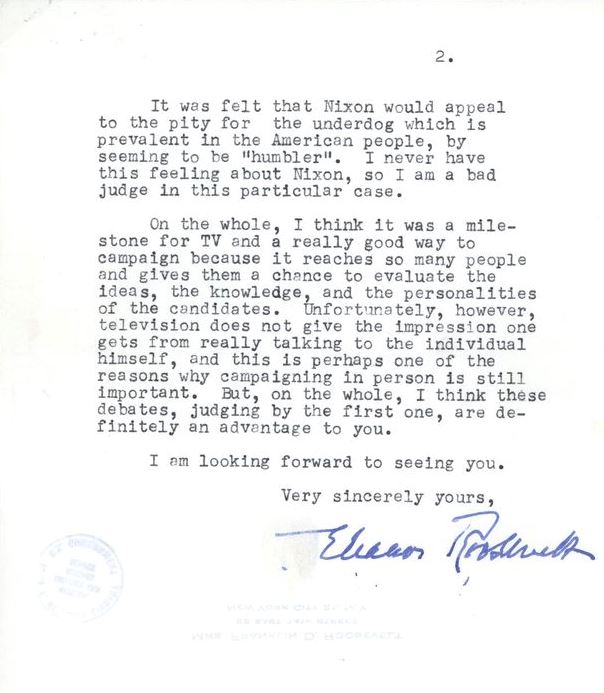 After the 1st Kennedy/Nixon debate, Eleanor Roosevelt sent JFK some feedback on her performance, and said: "It was a milestone for TV and a really good way to campaign."

jfklibrary.org/asset-viewer/a…