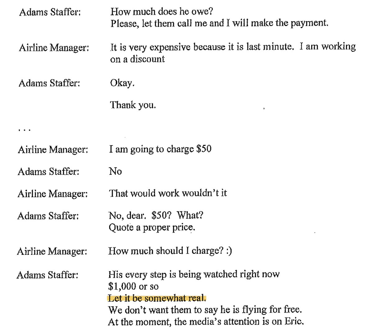 jbarro's tweet photo. My favorite bit in the indictment is when Adams's staffer tells the Turkish Air rep they need to pay *something* for a round-trip business class ticket to Istanbul so there's a record of payment. He proposes to charge $50, and she says that's not enough, "let it be somewhat real." They settle on about $1,000.