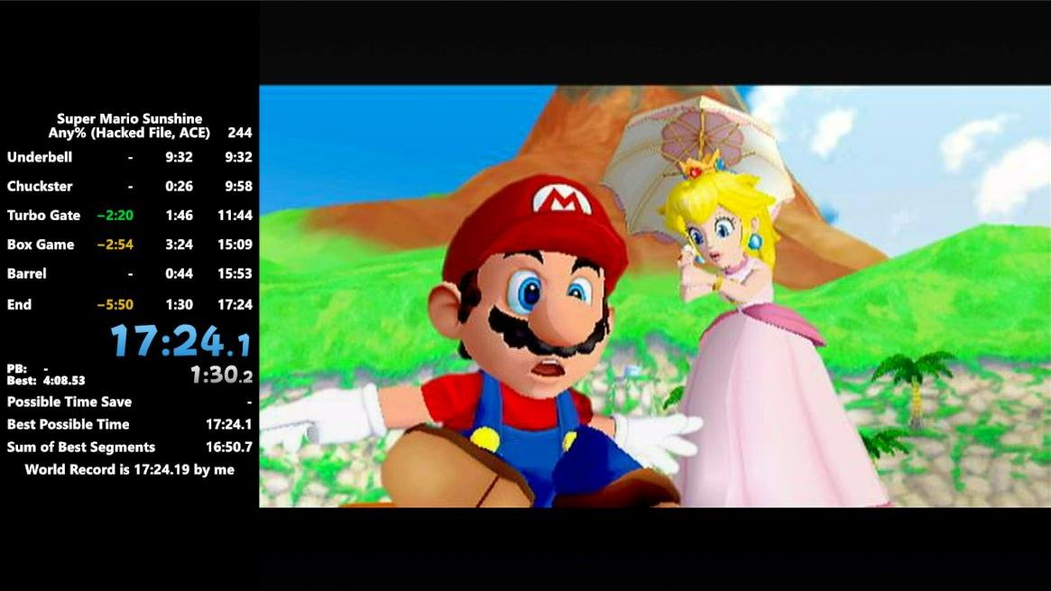 Super Mario Sunshine any% with ACE in 17:24!

This uses a faster route that allows us to not have to do 100 coin, as well as doing one less shine, and also warps directly to the bowser fight instead of the final plaza.