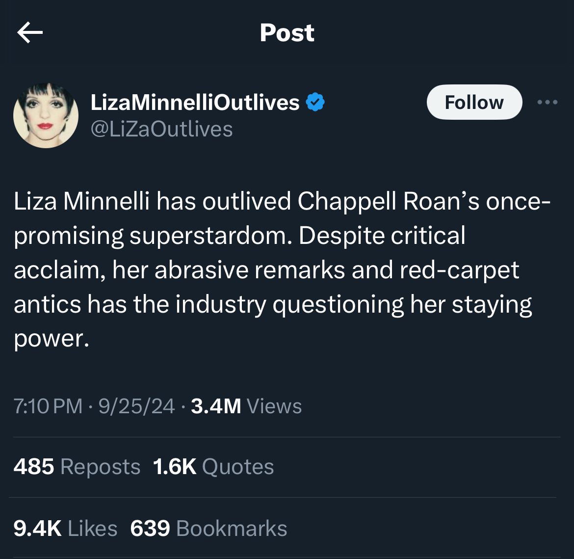 me explaining to normal people in my life that the liza minelli outlives  account is adding to the chappell roan dogpile because it is run by a  staunch israel supporter, image size:1170x1139