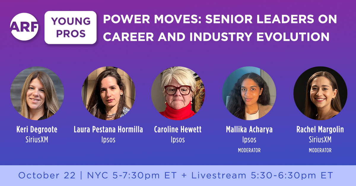 Join us in October as the ARF Young Pros are hosting a meet up featuring a panel of industry leaders as they discuss the evolution of their careers and the industry.

#ARFYP
#ARFYoungPros