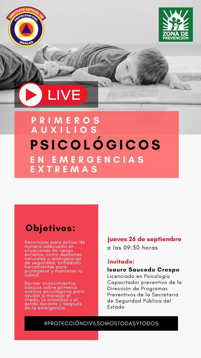 La Secretaría de Seguridad Pública a través de la Dirección de Programas Preventivos y en coordinación con <a href="/PC_Sinaloa/">Protección Civil Sinaloa</a> te invita a sumarte a nuestro facebook live con el tema: Primeros auxilios psicológicos en situaciones extremas. <a href="/sspsinaloa1/">Seguridad Pública Sinaloa</a>
