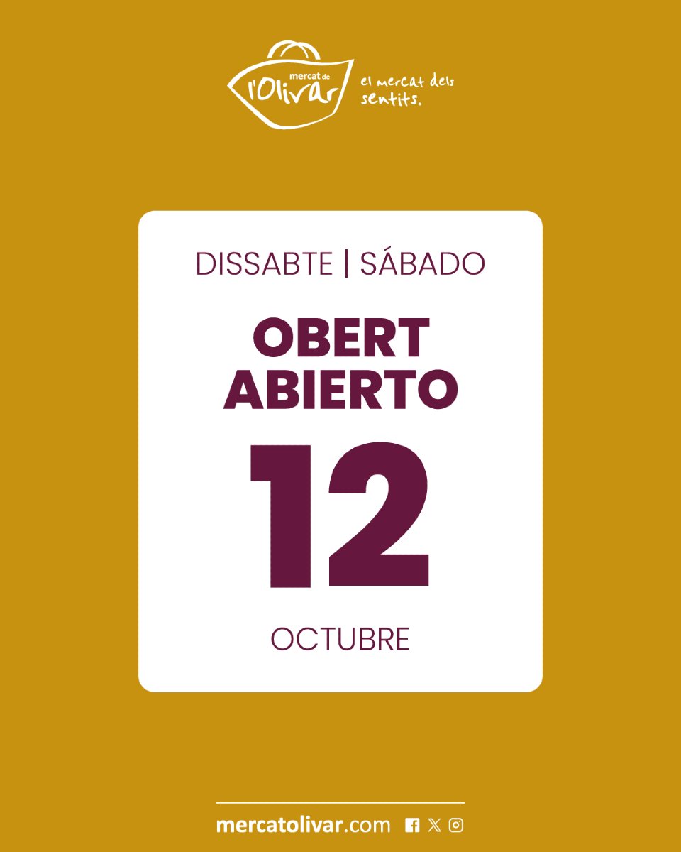 MercatOlivar's tweet photo. 📢 ¡El 12 de octubre abrimos! 🎉
Aunque sea festivo, el Mercat de l'Olivar estará abierto para ti. ¡Ven a visitarnos y disfruta de tus compras con productos frescos y de calidad!
#MercatDelOlivar #EstamosAbiertos #ProductoFresco https://t.co/9NKe078EBy