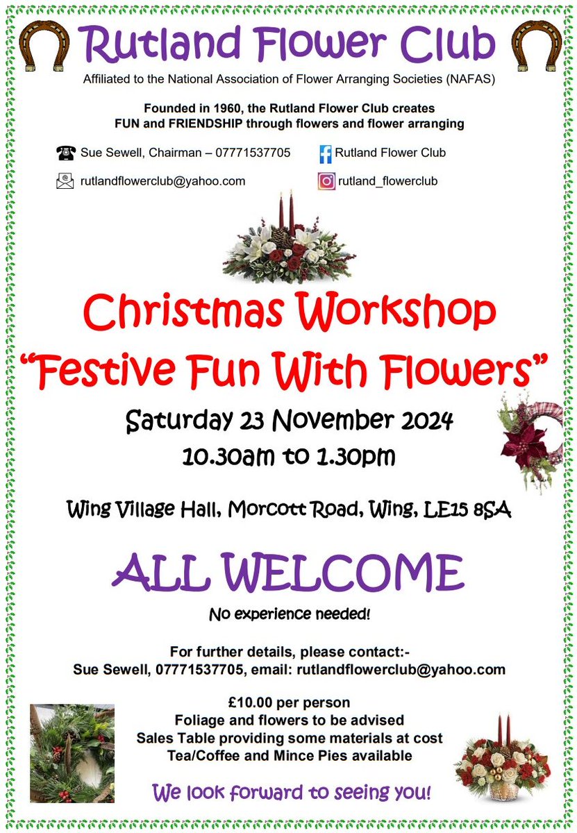 Looking to try a new hobby or learn a new skill? Rutland Flower Club creates fun and friendship through flowers and flower arranging. 🌼 Fancy learning more? Pop along to their Christmas Workshop in November 👇