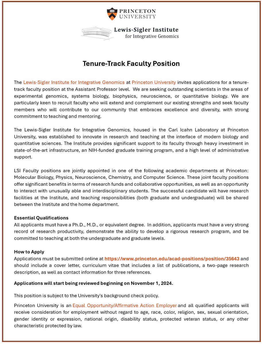 Update to our Asst. prof experimental search in LSI Genomics <a href="/Princeton_LSI/">Princeton LSI Genomics</a>: now includes neuroscience, in addition to other areas! Apply at princeton.edu/acad-positions…