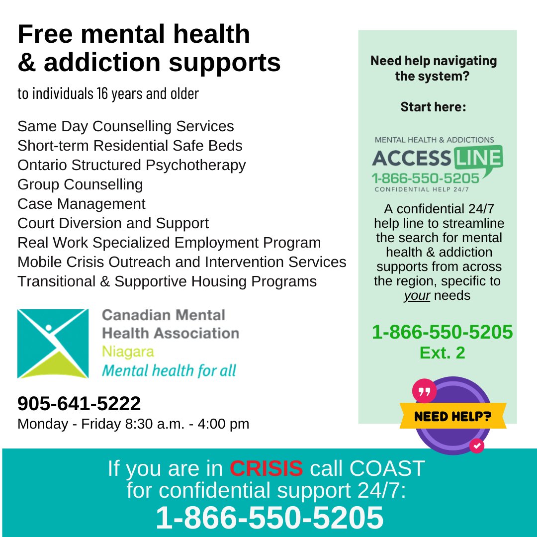 Do you need help finding mental health and/or addition support in Niagara? Access Line is a great starting point to identify the most appropriate services (including CMHA) for your specific needs.  1-866-550-5205.