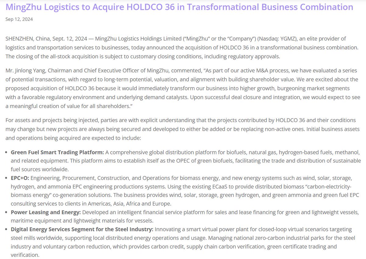 $YGMZ MingZhu Logistics to Acquire HOLDCO 36 in Transformational Business Combination  ir.szygmz.com/mingzhu-logist…
#logisticscompany #logistics #shipping #peoplesrepublic #export $NIO $EDU $BEKE $SGN
#investor #shareholders #acquisition <a href="/Nasdaq/">Nasdaq</a> #NASD