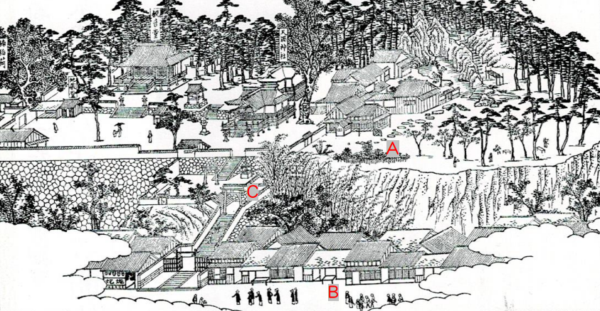 七月鏡一&茂木ヨモギ『ドラゴン奉行』(本編更新は明日) 先週のオマケの絵。大徳寺公園に上がる階段の途中の劉玉英さん(という名前です)。江戸時代の絵図のC地点です。下の鳥居の前が竜が通った道です。 https://t.co/kMaFgxo6Jk