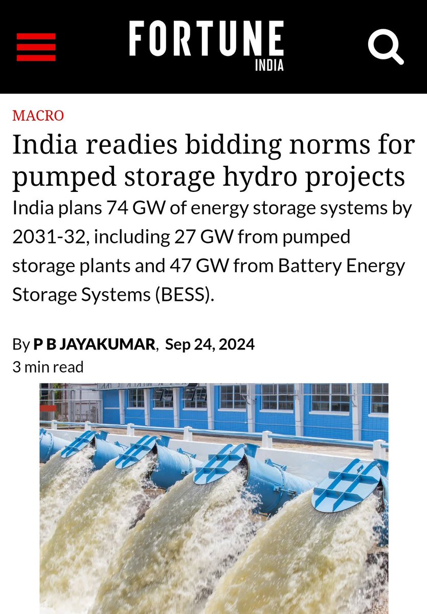 NSuresh_ECW's tweet photo. 🚨Pump Storage & BESS
~India plans 74 GW of Energy Storage projects by 2032 of which
~27 GW for Pump storage projects & 47 GW for Battery Energy Storage (BESS)
#NTPC #NHPC #SJVN #TATAPOWER #JSWPower #OMinfra #GensolEngineering #SWSolar #PumpStorage #BESS https://t.co/2rzdX0t5kk