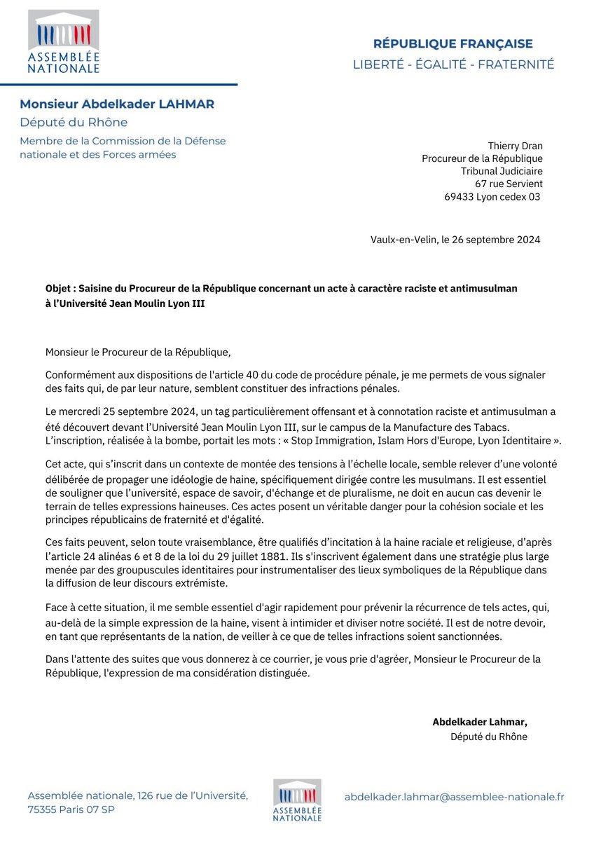 AK_Lahmar's tweet photo. Je saisis le Procureur de la République pour les tags racistes et antimusulmans à l'Université Lyon 3.

🎓 Les universités sont des espaces de savoir, d'échange et de pluralisme, et ne doivent en aucun cas devenir des terrains où la haine se répand.

#lyon3 https://t.co/yAmfZ1gGs2