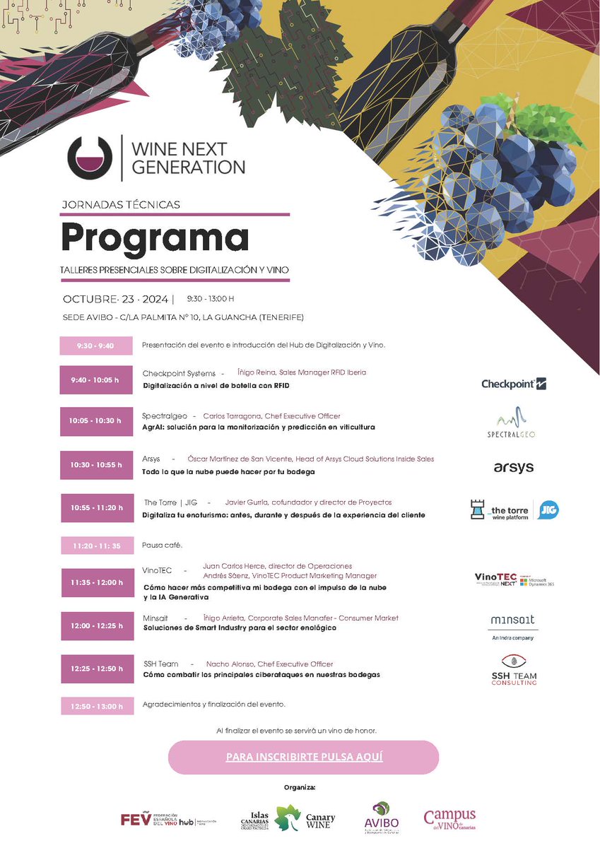 Únete a los talleres Wine Next Generation sobre digitalización y 🍷 en Tenerife organizados por el #HUB de Digitalización y Vino de la <a href="/FEV_Vino/">FEV</a> y <a href="/CanaryWineDOP/">Canary WINE</a>

📅23 de octubre
🕙09:30h - 13:00h
📍 C/ La Palmita N.º 10, La Guancha (Tenerife)
Inscripción
docs.google.com/forms/d/e/1FAI…