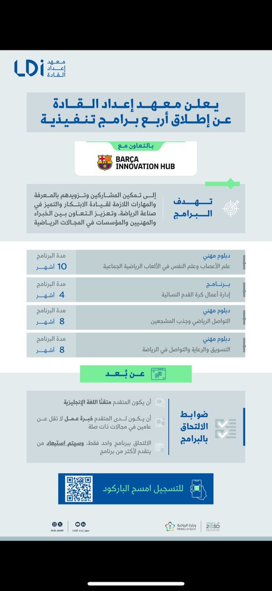 LDI_SAUDI's tweet photo. يعلن #معهد_إعداد_القادة عن إطلاق 4️⃣ برامج تنفيذية بالتعاون مع @BarcaInnoHub، وذلك بهدف تطوير كوادر رياضية قادرة على التميز، وتقديم حلول مبتكرة تساهم في تطوير القطاع الرياضي 🔝

LDI announces the launch of 4 executive programs in collaboration with Barça Innovation Hub 🌟 

The program aims to develop sports professionals capable of innovation and excellence 🔝