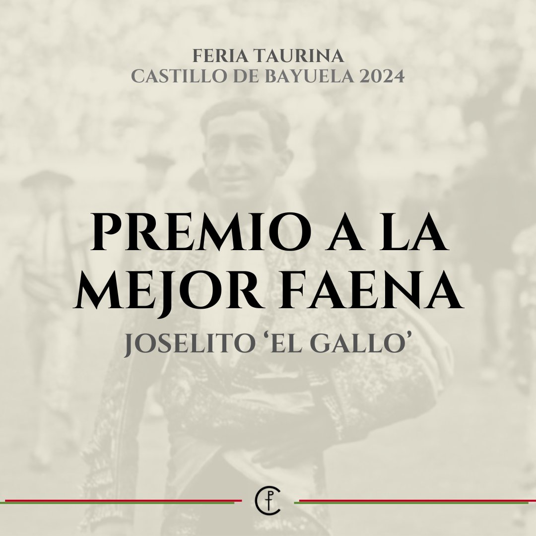 PTTorreCastilla's tweet photo. 𝐏𝐑𝐄𝐌𝐈𝐎𝐒 𝐓𝐀𝐔𝐑𝐈𝐍𝐎𝐒 𝐅𝐞𝐫���𝐚 𝐂𝐚𝐬𝐭𝐢𝐥𝐥𝐨 𝐝𝐞 𝐁𝐚𝐲𝐮𝐞𝐥𝐚 𝟐𝟎𝟐𝟒

🏅 Premio a la mejor faena Joselito 'El Gallo' a 𝗚𝗮𝗿𝗰𝗶́𝗮 𝗣𝘂𝗹𝗶𝗱𝗼. https://t.co/oGcVPWRsIF