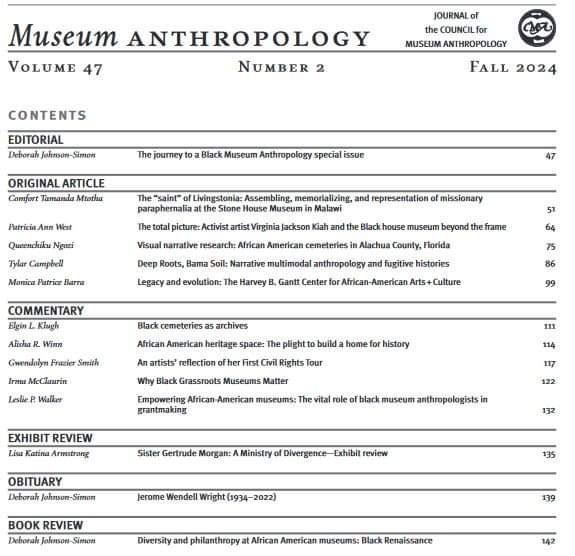Hot off the presses! New issue of "Museum Anthropology" -- a special issue on Black Museum Anthropology, guest edited by Deborah Johnson-Simon.
Several of the articles are available open access.