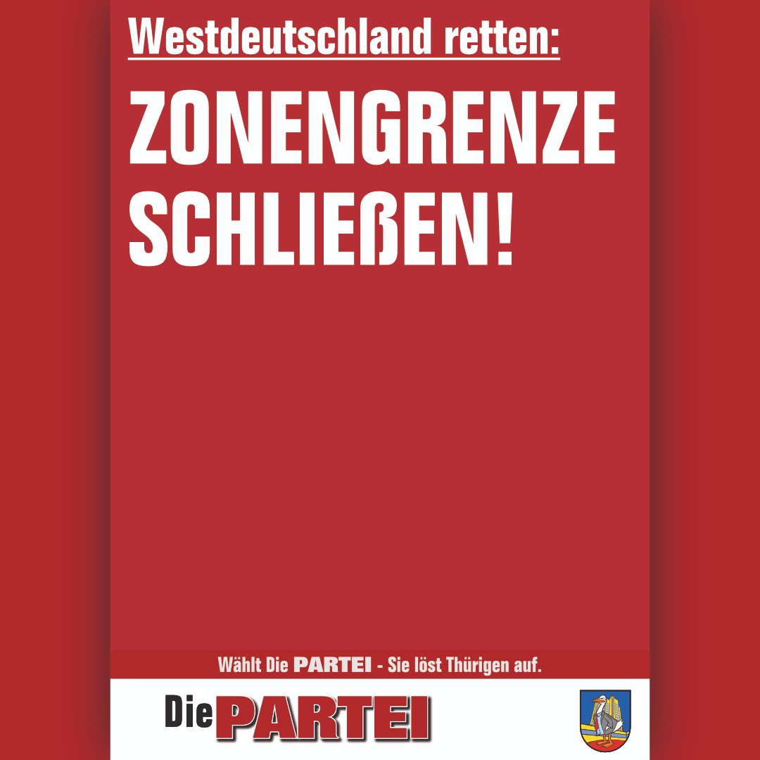 Während in #Thürigen jetzt das Verfassungsgericht entscheiden muss analysiert <a href="/DiePARTEI/">Die PARTEI 🪣</a> knallhart: Wer #Westdeutschland noch retten will, muss die #Zonengrenze jetzt schließen. Dafür stehen wir mit unserem Namen.