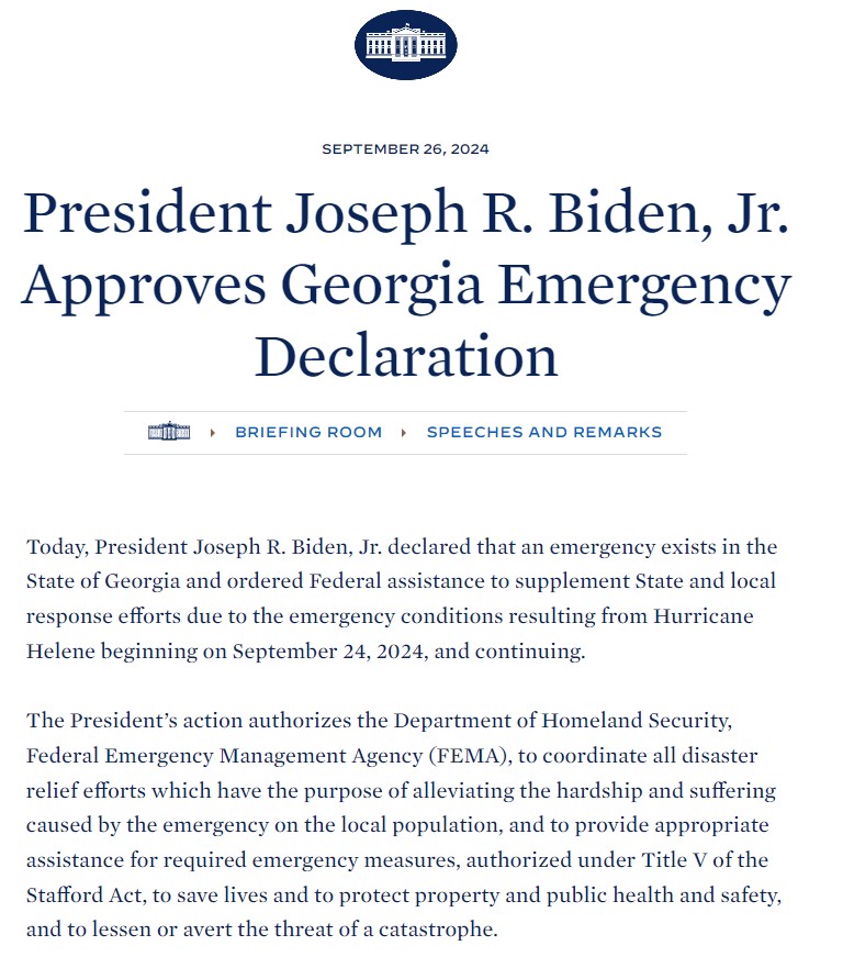 rahulbali's tweet image. UPDATE: President Joe Biden approves a federal emergency declaration for Georgia as Helene approaches.

It enables FEMA to provide federal resources now for emergency preparations. Then ensures federal resources are available in the coming days. #gapol