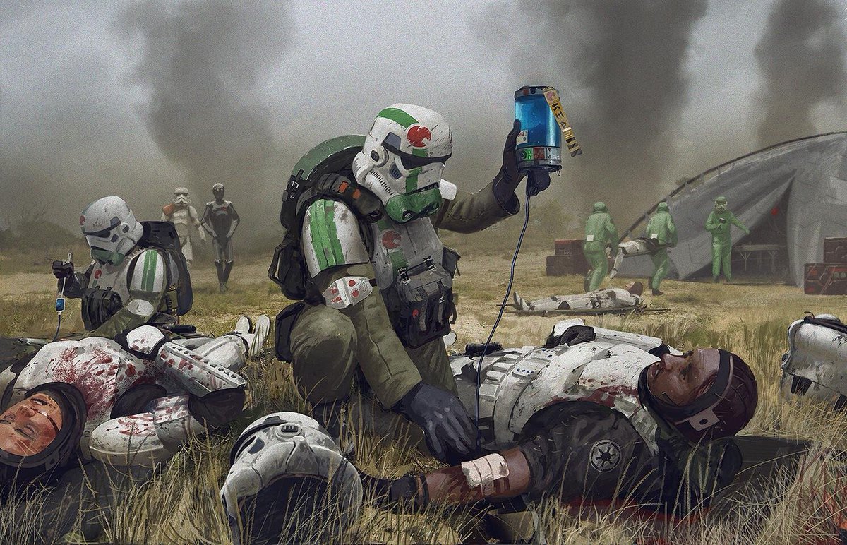 Nobbie_OCs's tweet photo. Stormtrooper medics treat their wounded comrades in the aftermath of a Rebel attack

(By Eduard Groult) https://t.co/8LLDIDr2N4