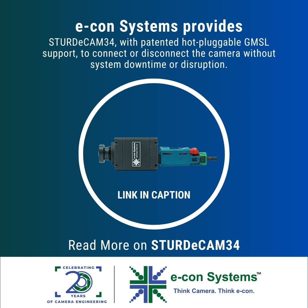 econsystems's tweet image. Say hello to the STURDeCAM34, the world’s first 140dB HDR GMSL2 camera with hot-plug support, tailored for unmatched imaging performance in challenging conditions.

More info: e-consystems.com/automotive-cam…

#HDRCamera #AutonomousVehicles #LEDFlickerMitigation #NVIDIAJetson #GMSL2