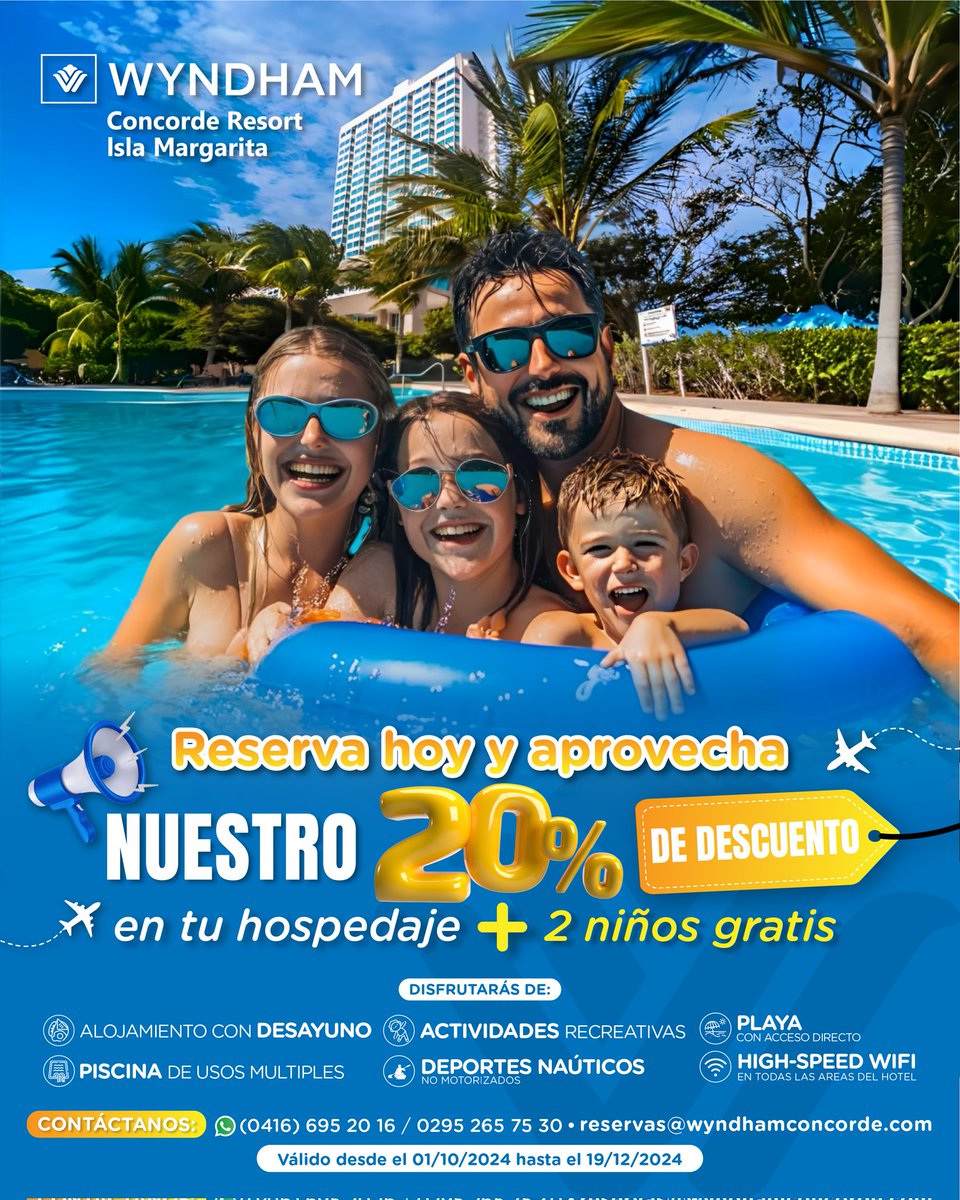 ¡Nos volvimos locos! 🤪 ¡Vacaciones increíbles a precios irresistibles! 
Del 01 de octubre al 19 de noviembre, disfruta de un 20% de descuento en tu hospedaje y 2 niños GRATIS 🥳
Planifica tus vacaciones desde ya y reserva tu estancia con este descuento irresistible😎