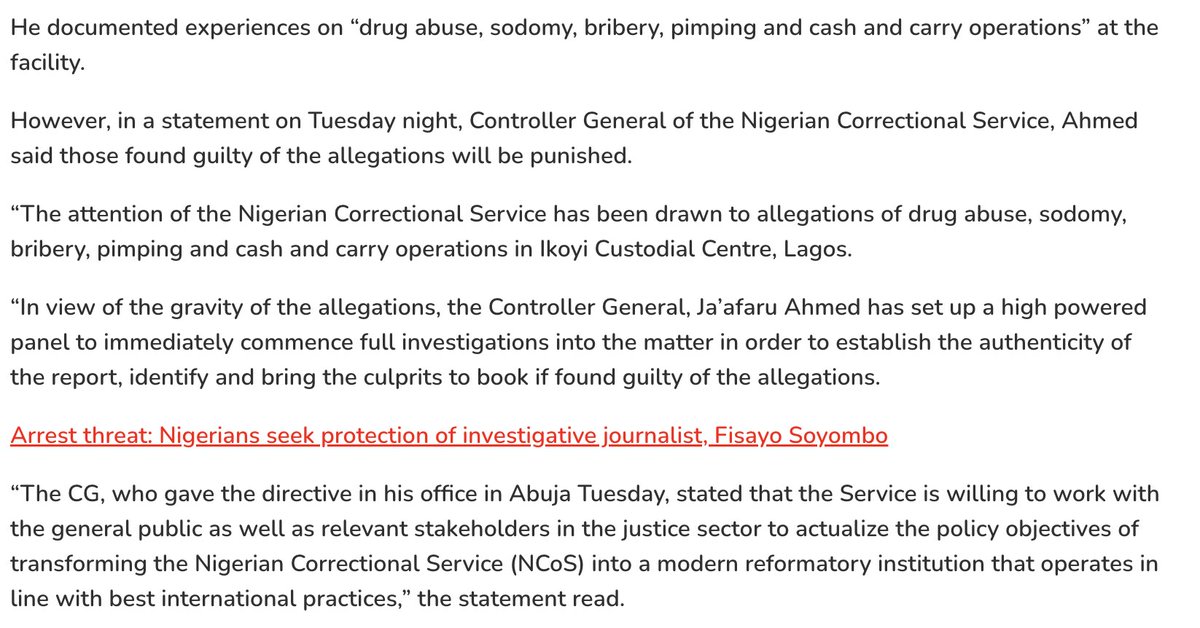 fisayosoyombo's tweet photo. I read that Interior Minister Olubunmi Tunji-Ojo has “directed an unconditional and comprehensive investigation into the allegations of bribery and corruption within the Nigerian Correctional Service”.

I know — and I hope you know too — that ‘it’s all cruise’. Yes.

Let me call on two things to support my claim: (i) Precedent; (ii) Rot.

On precedent. In 2019, after the release of my undercover investigation for which I deliberately got myself jailed at Ikoyi Prison (preceded by a five-day detention at Pedro Police Station), the then interior minister, Ogbeni Rauf Aregebesola, publicly commended me and promised an investigation.

Ladies and gentlemen, next month will make it five years since Aregbesola made that vow; I am still awaiting the outcome of that investigation. You see, Ogbeni was speaking at a prisons-related European Union event, and he simply knew the right things to say. That’s one precedent confirming the typical Nigerian politician’s mastery of gallery play, public sentiment manipulation and seizing a momentous publicity opportunity, at the expense of actually getting any job done.

But it’s not like Aregbesola didn’t lift a finger; like Tunji-Ojo, he did order the composition of a committee. From the prison sources I built during my stay, I can tell you Ikoyi Prison had foreknowledge of the committee’s visit, consequently utlising the lengthy notice to cover up its tracks. The delegation from Abuja arrived in Lagos to plastic sights, discovering nothing of significance. Meanwhile, this committee never reached out to the journalist who reported what they were supposedly investigating: no phone call, no email; nothing. No attempt to ask if there were things he saw that did not make it into his story.

Then the rot is too deep for committee handling. This investigation directed by Tunji-Ojo will be executed by who? The prison controller or yet another committee? Could Bobrisky have ‘disappeared’ from Kirikiri Prison without the knowledge of senior prison officials? Is the controller-general of prisons going to feign ignorance of the heavily-monetised special cells inside prisons? Will the assistant controllers claim to be unaware their prisons are business centres where warders are sellers and inmates buyers of everything merchandise from phones to weed, ‘coke’ and booze? So, who exactly will spearhead Tunji-Ojo’s investigations? The same complicit officers?

We play too much in this country, I swear to the high heavens. Let’s be serious about becoming a functional society for once. And it starts with public office holders taking the people seriously. No more perfunctory directives that offer nothing more than media-applause value.