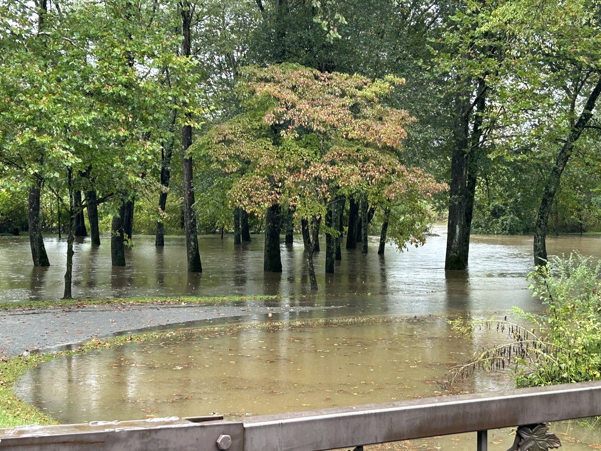 JenniferEmert's tweet photo. Hap Simpson Park closed in Brevard. French Broad River up to the tops of the picnic tables and the bottom of park signs.  Wilson Road closed at the Water Treatment Plant. Water over the roadway. https://t.co/0D6YmfI31x